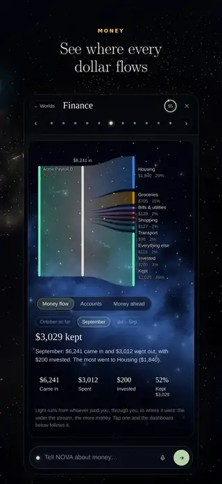 NOVA Finance on iPhone: where the month’s money came from and went